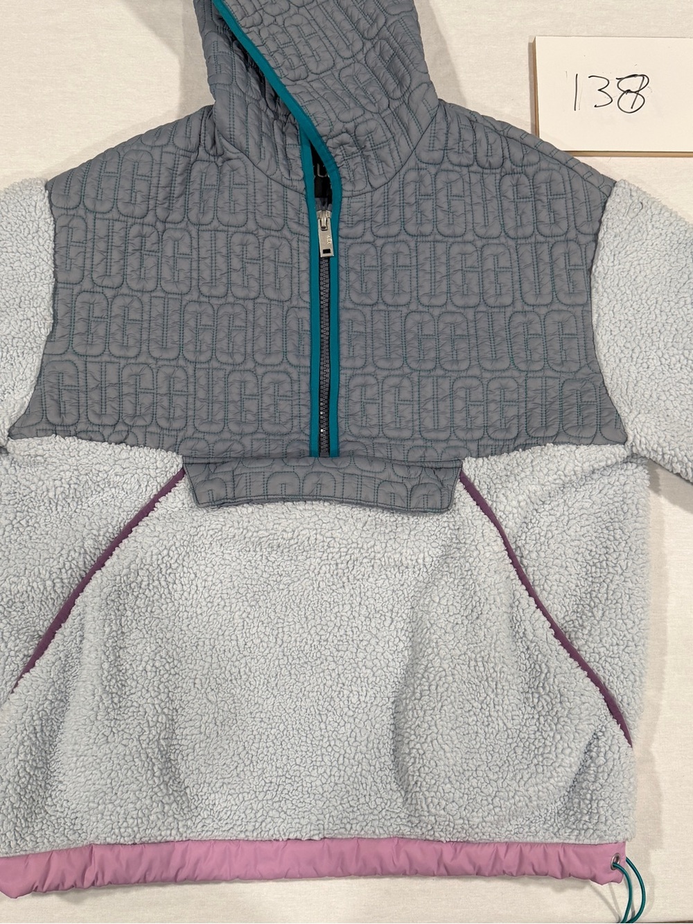 UGG women’s  Light Gray and Light Blue Sherpa Half-Zip Hoodie with Pink Trim